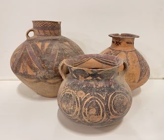 THREE CHINESE PAINTED POTTERY JARS.