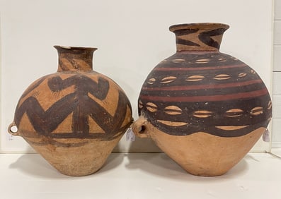 TWO LARGE CHINESE PAINTED POTTERY JARS.