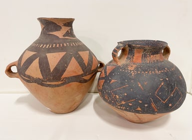 TWO CHINESE PAINTED POTTERY JARS.