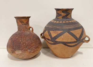 TWO CHINESE PAINTED POTTERY JARS.