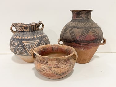 THREE CHINESE PAINTED POTTERY JARS.