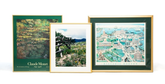 THREE FRAMED ART PRINTS.