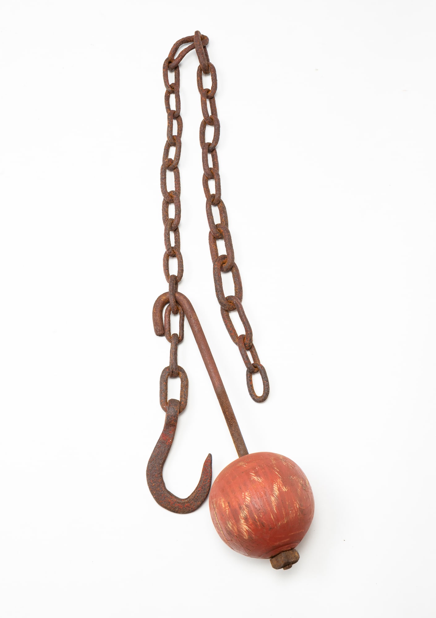 EARLY STAGECOACH INN OR TAVERN HIGH / LOW SIGNALLING BALL.: American, 19th Century. One-piece sphere in red paint on forged hook, eye hook, and chain. Overall, 45.5"h. 4.5"d.