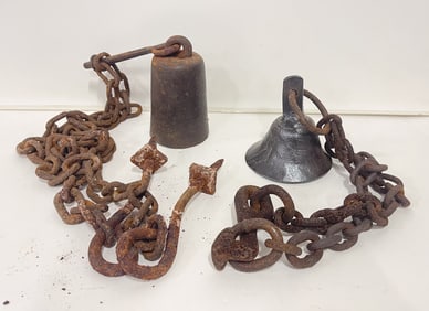 IRON COW BELL AND GATE WEIGHT.