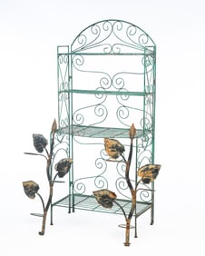 PAIR OF IRON WALL-MOUNTED PLANTER SCONCES AND FOLDING FOUR-TIER PLANT RACK.
