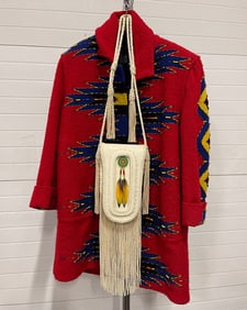 NATIVE AMERICAN MOTIF COAT AND PURSE.