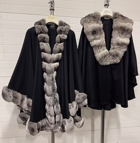 TWO REX RABBIT TRIMMED SHAWLS.