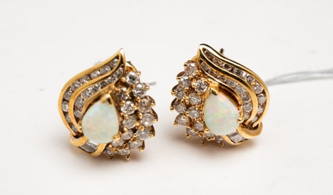 18 KARAT GOLD OPAL AND DIAMOND EARRINGS.