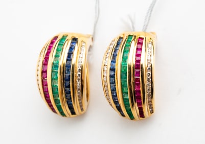18K HALF HOOP EARRINGS - DIAMOND, RUBY, EMERALD & SAPPHIRE.