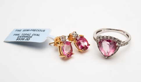 PINK TOPAZ EARRINGS AND RING.
