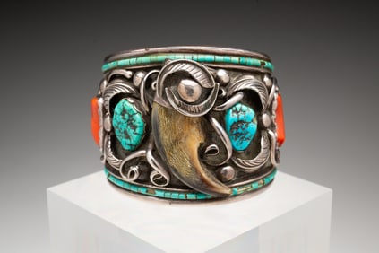 JOE BARELA NAVAJO IMPRESSIVE STERLING SILVER GEMSTONE CUFF.