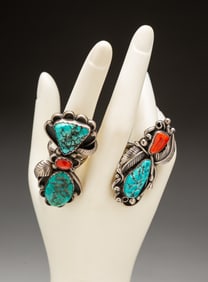 TWO NAVAJO OLD PAWN STERLING AND TURQUOISE RINGS.