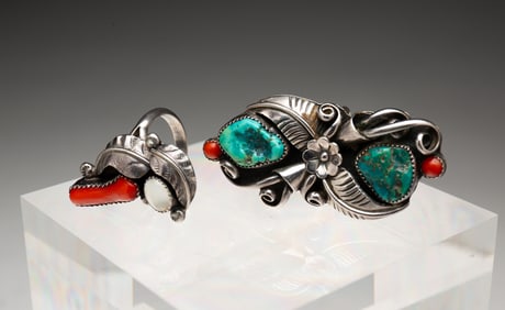 TWO NATIVE AMERICAN LEAF MOTIF GEMSTONE RINGS.