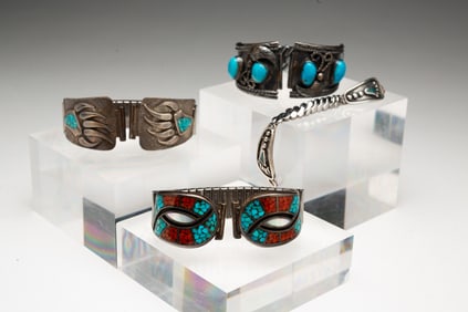 FOUR NATIVE AMERICAN TURQUOISE AND CORAL WATCH BANDS.