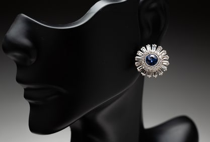 14K WHITE GOLD DIAMOND AND SAPPHIRE EARRINGS.