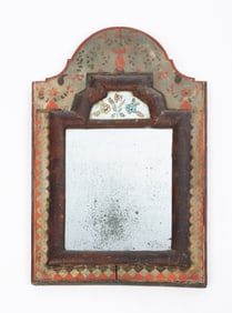 AMERICAN MAHOGANY AND REVERSE-PAINTED COURTING MIRROR.