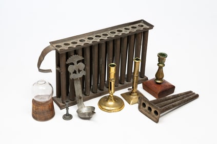 EIGHT AMERICAN LIGHTING ITEMS, INCL. MAKE-DO CANDLESTICK.