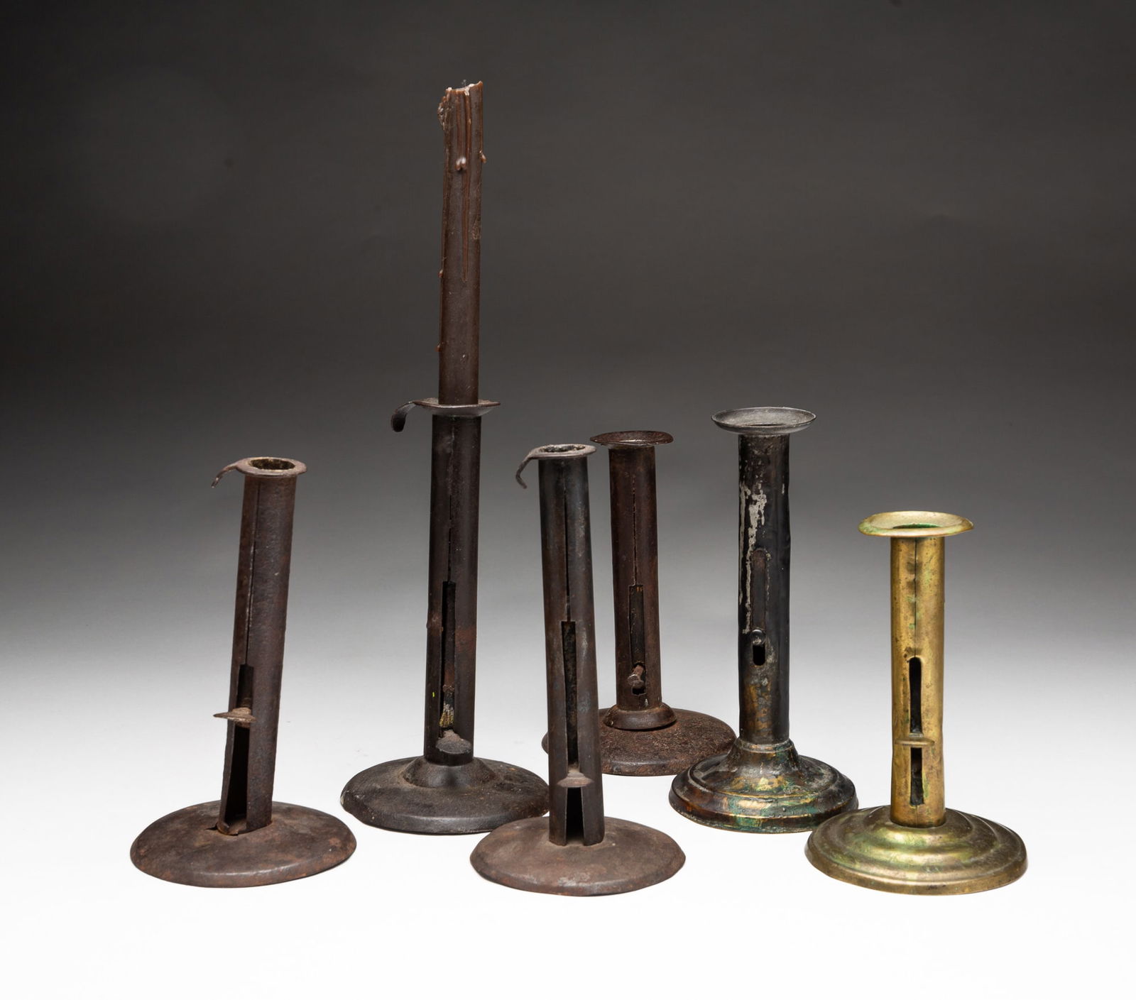 SIX AMERICAN HOGSCRAPER CANDLE STICKS. (1 of 6)