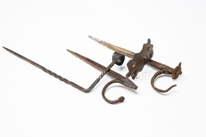 THREE AMERICAN WROUGHT IRON STICKING TOMMYS.