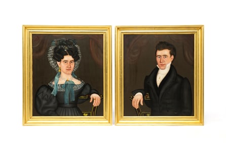 PAIR OF AMERICAN SCHOOL FOLK ART OIL ON CANVAS PORTRAITS OF HUSBAND AND WIFE.