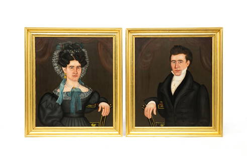 PAIR OF AMERICAN SCHOOL FOLK ART OIL ON CANVAS PORTRAITS OF HUSBAND AND WIFE.: American, 20th Century. Oil on canvas. Woman in black dress with lace collar and bonnet, blue bow at her neck, a ring on her index finger and seated in a decorated Hitchcock chair. Man in a white shir