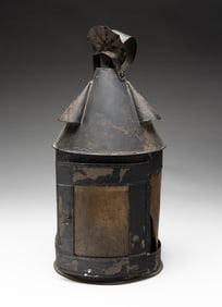 AMERICAN BLACK-PAINTED TIN LANTERN WITH HORN LENSES.