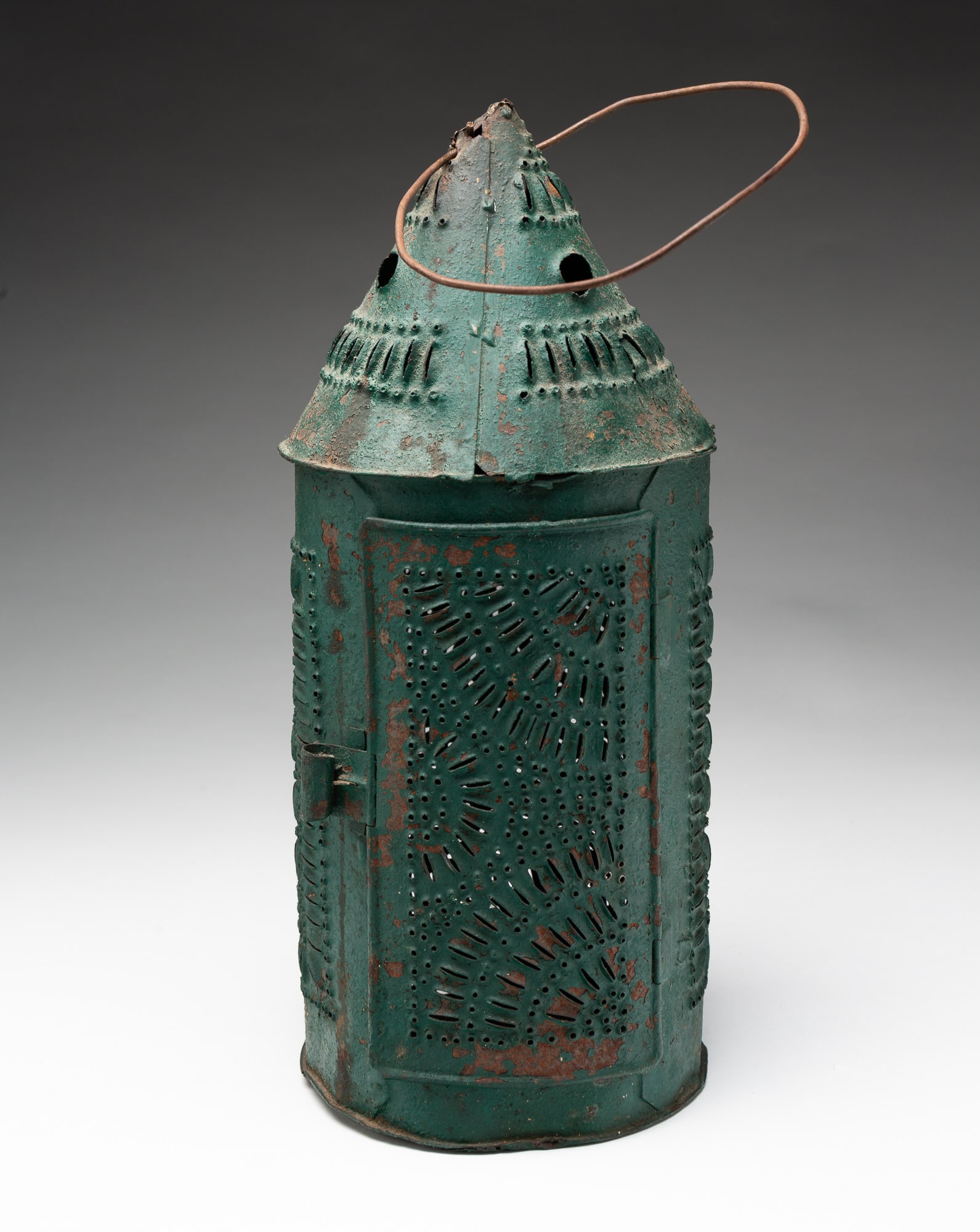AMERICAN GREEN-PAINTED AND PUNCHED TIN LANTERN. (1 of 5)