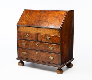 ENGLISH WILLIAM AND MARY BURL WALNUT SLANT-FRONT DESK.