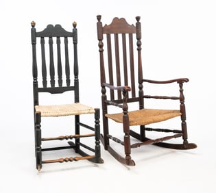 TWO AMERICAN BANNISTER BACK ROCKING CHAIRS.