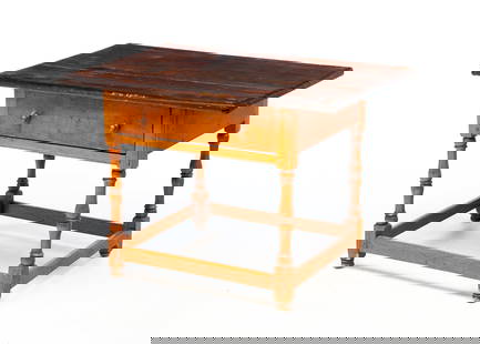 AMERICAN MAPLE AND PINE ONE-DRAWER TAVERN TABLE.: American, 18th Century. Maple and pine. One board top with breadboard ends, base apron with beaded edge, dovetailed drawer, turned legs, box stretchers and pegged construction. 76"h. 37.5"w. 25.25"d.