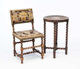 WILLIAM AND MARY STYLE BARLEY-TWIST AND NEEDLEPOINT-UPHOLSTERED SIDE CHAIR PLUS SIDE TABLE.