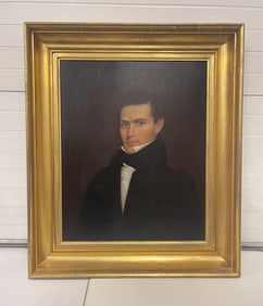 AMERICAN FOLK ART OIL ON BOARD PORTRAIT OF A GENTLEMAN.