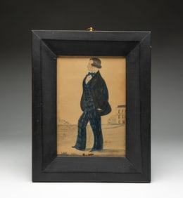 AMERICAN SCHOOL FOLK ART WATERCOLOR AND PENCIL PORTRAIT OF HOTEL PROPRIETOR.
