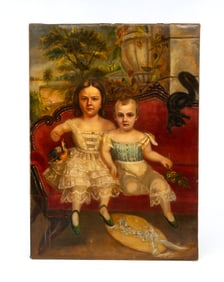 AMERICAN SCHOOL OIL ON CANVAS PORTRAIT OF TWO CHILDREN.