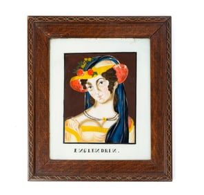 REVERSE PAINTING ON GLASS OF A LADY TITLED "ENGLENDRIN".