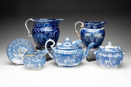 SIX PIECES OF STAFFORDSHIRE BLUE TRANSFERWARE, INCL. WILLIAM ADAMS "E. PLURIBUS UNUM" PITCHER.