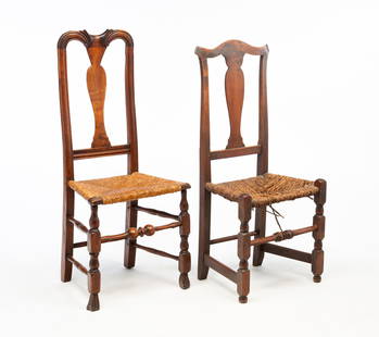 TWO AMERICAN COUNTRY QUEEN ANNE SIDE CHAIRS.: American, 18th Century. Mixed woods. One with Cupid's bow crest, vase splat, block and spool front legs, turned front stretcher, box side stretchers and worn rush seat. 14" seat h. 41"h. And the secon