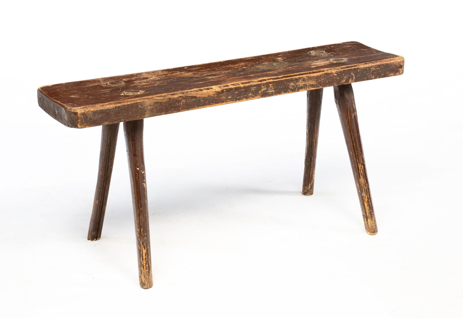 AMERICAN PRIMITIVE BROWN-PAINTED PINE BENCH. (1 of 4)