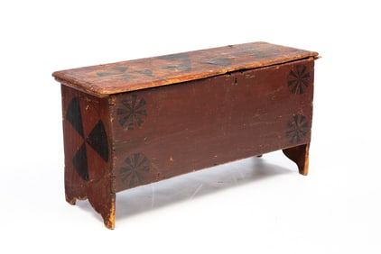 NEW ENGLAND PAINT-DECORATED PINE SIX-BOARD BLANKET CHEST.
