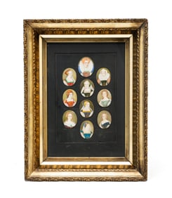FRAME OF TEN MINIATURE PORTRAITS OF SIXTEENTH AND SEVENTEENTH CENTURY ENGLISH TITLE LADIES.
