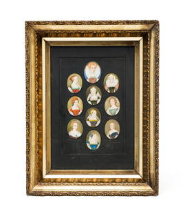 FRAME OF TEN MINIATURE PORTRAITS OF SIXTEENTH AND SEVENTEENTH CENTURY ENGLISH TITLE LADIES.: English, 19th Century. Oval paintings on natural material. Top to bottom left to right. Anne Bullin (sic), Duchess of Northumberland, Princess of Orange, Elizabeth I, unreadable, Jane Seymour, unreada