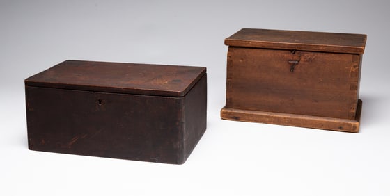 TWO AMERICAN DOVETAILED BOXES, INCL. STENCIL-DECORATED WALNUT EXAMPLE.
