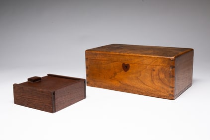 TWO AMERICAN WALNUT BOXES, INCL. JEWELRY BOX WITH INLAID HEART ESCUTCHEON.