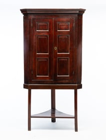 ENGLISH PANELED OAK CORNER CUPBOARD-ON-STAND.