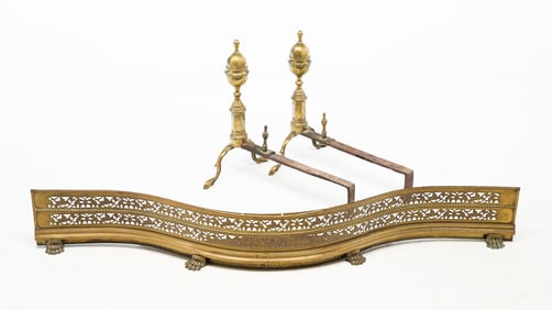 PAIR OF FEDERAL BRASS LEMON-TOP ANDIRONS PLUS RETICULATED AND ETCHED FIREPLACE FENDER.
