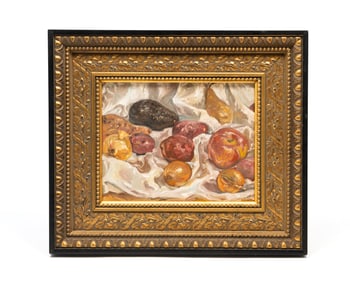 AMERICAN SCHOOL OIL ON CANVAS STILL LIFE OF FRUITS AND VEGETABLES, SIGNED "DAVID A. NEER".