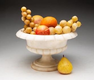 NINE PIECES OF STONE FRUIT IN ALBASTER COMPOTE.