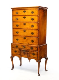 AMERICAN QUEEN ANNE TIGER MAPLE HIGH CHEST.