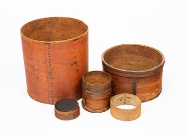 FIVE AMERICAN BENTWOOD CONTAINERS, INCL. LARGE DRY MEASURE.
