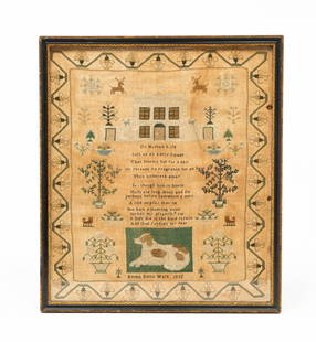 EMMA DALES MEMORIAL PETIT POINT SAMPLER, DATED 1835.: American, dated 1835. Verse "On Human Life" above a stitched dog surrounded by pots of flowers and trees, animals, a house and an ornate flower border. In black and gold painted wood frame behind glas